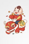 新春人物坐在舞狮身上的男孩 