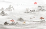 日出装饰画 新中式山水画 麋鹿