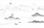日出装饰画 新中式山水画 小船