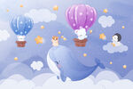 卡通海豚可爱动物热气球云朵背景