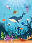 卡通鲸鱼珊瑚热带鱼海底世界背景