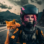 粉色头发科幻战甲美女和猫