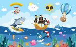 卡通搞笑鲸鱼海边背景墙