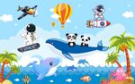 卡通夏日海景太空人背景墙图片