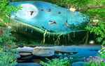 流水发财森林梦幻自然背景墙