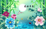中式花好月圆牡丹电视背景墙