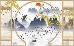 手绘水墨山水中式插画背景墙 