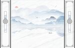 水墨山水画背景墙 船日出