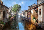 江南水乡风景油画