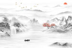 新中式山水聚宝盆国画意境背景墙
