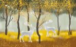 北欧金色抽象树麋鹿风景背景墙