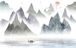 国画禅境水墨山水日出飞鸟背景墙