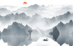 山水背景墙蓝色水墨画