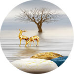 金色麋鹿湖畔圆形挂画装饰画