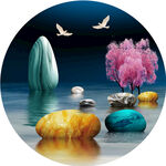 鹅卵石湖畔水彩树圆形挂画装饰画