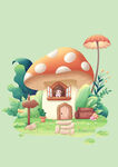 植物蘑菇屋肌理小清新场景插画