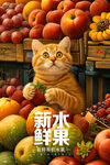 可爱猫咪水果店广告壁画展板设计
