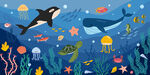 手绘鲸鱼卡通海底世界珊瑚背景墙