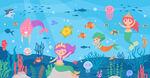 可爱美人鱼卡通海底动物珊瑚背景