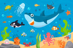 卡通鲨鱼海底鲸鱼热带鱼珊瑚背景