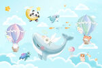 卡通鲸鱼可爱动物热气球云朵背景