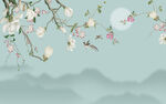 新中式花鸟手绘玉兰背景墙