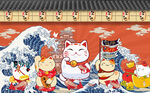 日式海浪招财猫背景墙
