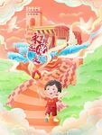 手绘七一建党节红船国潮插画