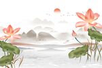 新中式荷花山水背景墙