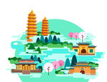 山西风景扁平插画