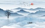 蓝色水墨山水