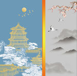 中式山水楼阁线条