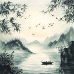 中式竹叶山水装饰画