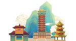 国潮新年山水建筑插画