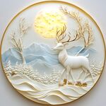 立体山水麋鹿圆框画