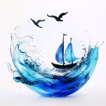 海浪中的帆船与飞翔的海鸥