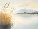 湖畔芦苇与远山诗意风景