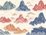 中式山水古建筑插画