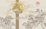 新式古风金树飞鸟红日背景墙