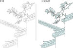 中式建筑花鸟装饰线稿图 矢量图