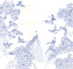 手绘中式花鸟线描艺术图景