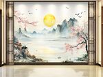 中式山水花鸟玄关壁画