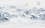 意境水墨山画背景壁画