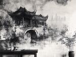水墨中式古风建筑背景墙