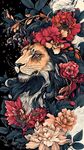 花卉环绕的雄狮形象