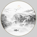 圆形水墨山水画