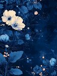 夜蓝花卉梦幻插画图案
