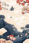 日式山水樱花景致插画