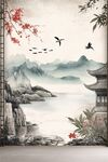 中式山水阁楼花鸟意境图