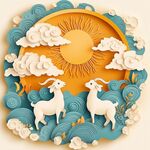 双羊迎日剪纸风祥瑞图景